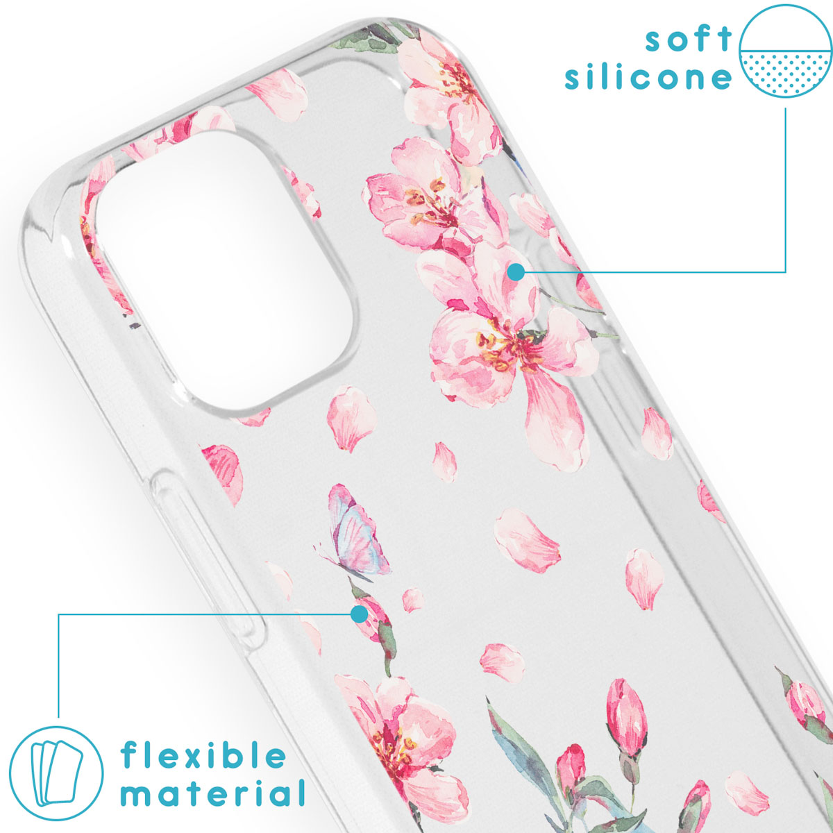 Transparante telefoonhoes met roze bloemen. Gemaakt van flexibel, zacht siliconenmateriaal.