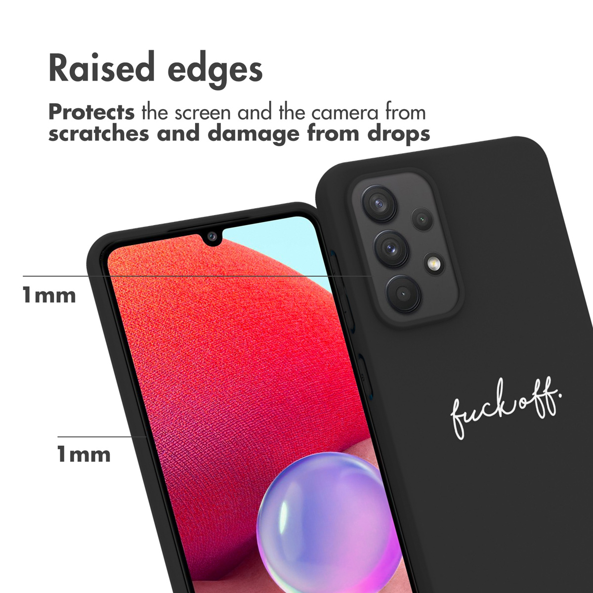 Coque de téléphone noire sur un téléphone. Le texte dit : les bords surélevés protègent. Le téléphone a un écran.