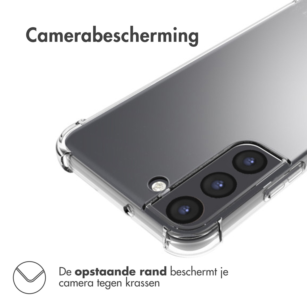 Doorzichtige telefoonhoes toont cameramodule met drie lenzen.