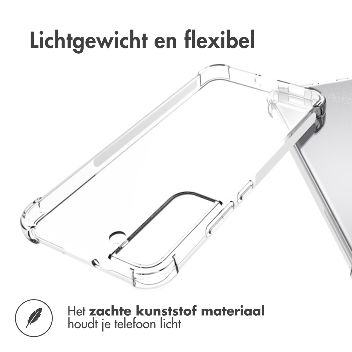 Transparante telefoonhoes van licht, flexibel plastic, met veer-icoon en tekst.
