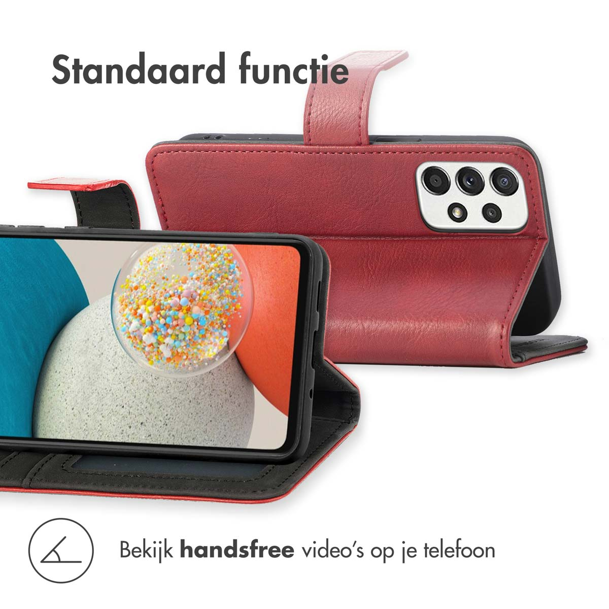 Eine rote Handyhülle mit einem Handy darin, das bunte Formen anzeigt. Die Hülle ist offen und zeigt einen Telefonbildschirm und das Innere.