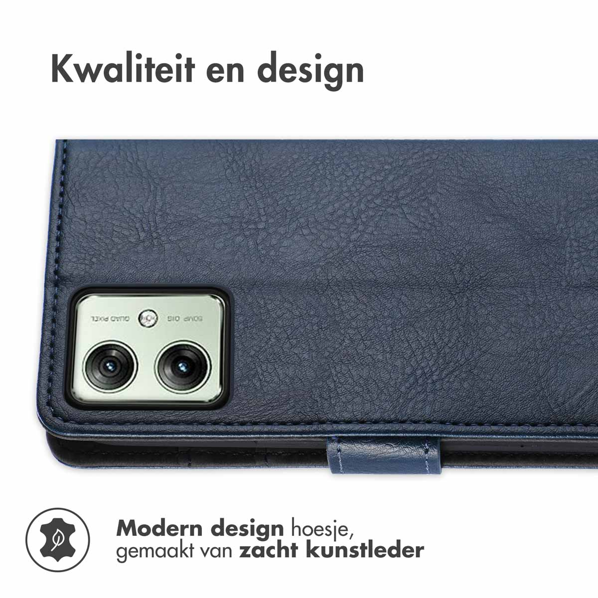 Custodia per telefono in pelle blu. La custodia ha un ritaglio per la fotocamera e una chiusura magnetica.