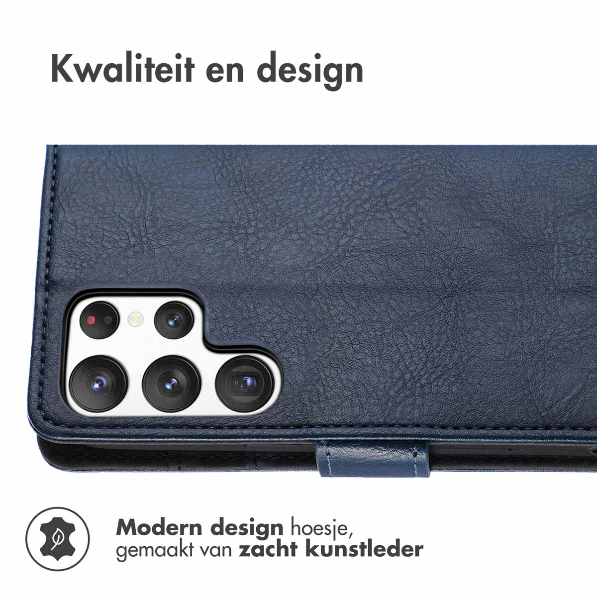 Coque de téléphone bleue avec un téléphone à l'intérieur. Texte : Design moderne, en similicuir souple.