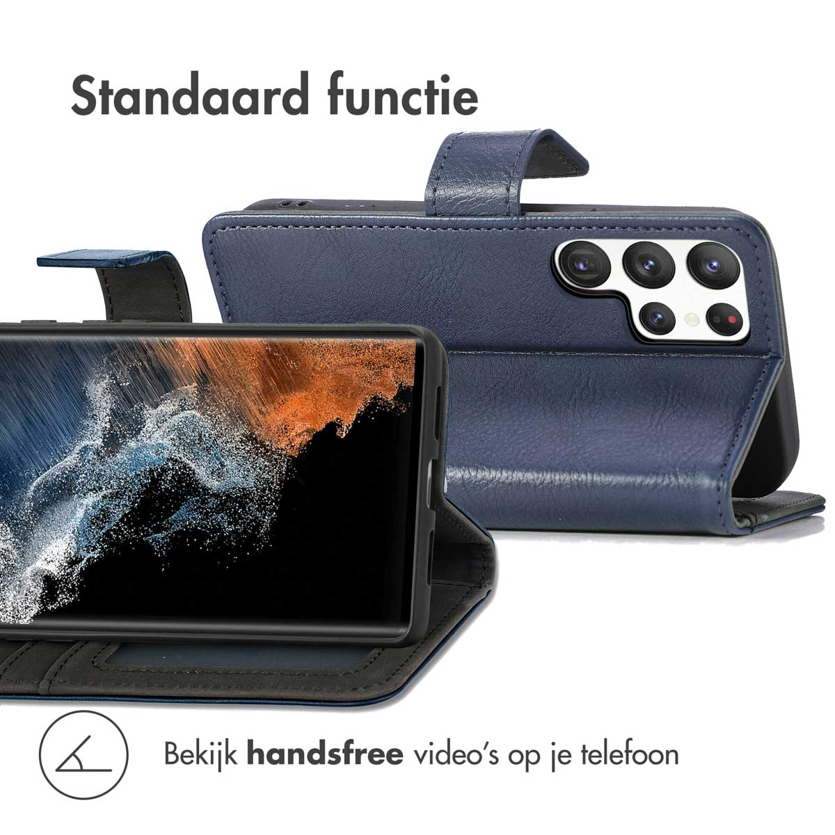 Étui portefeuille bleu avec téléphone. Texte : Regardez des vidéos mains libres sur votre téléphone. Texte : Fonction standard.