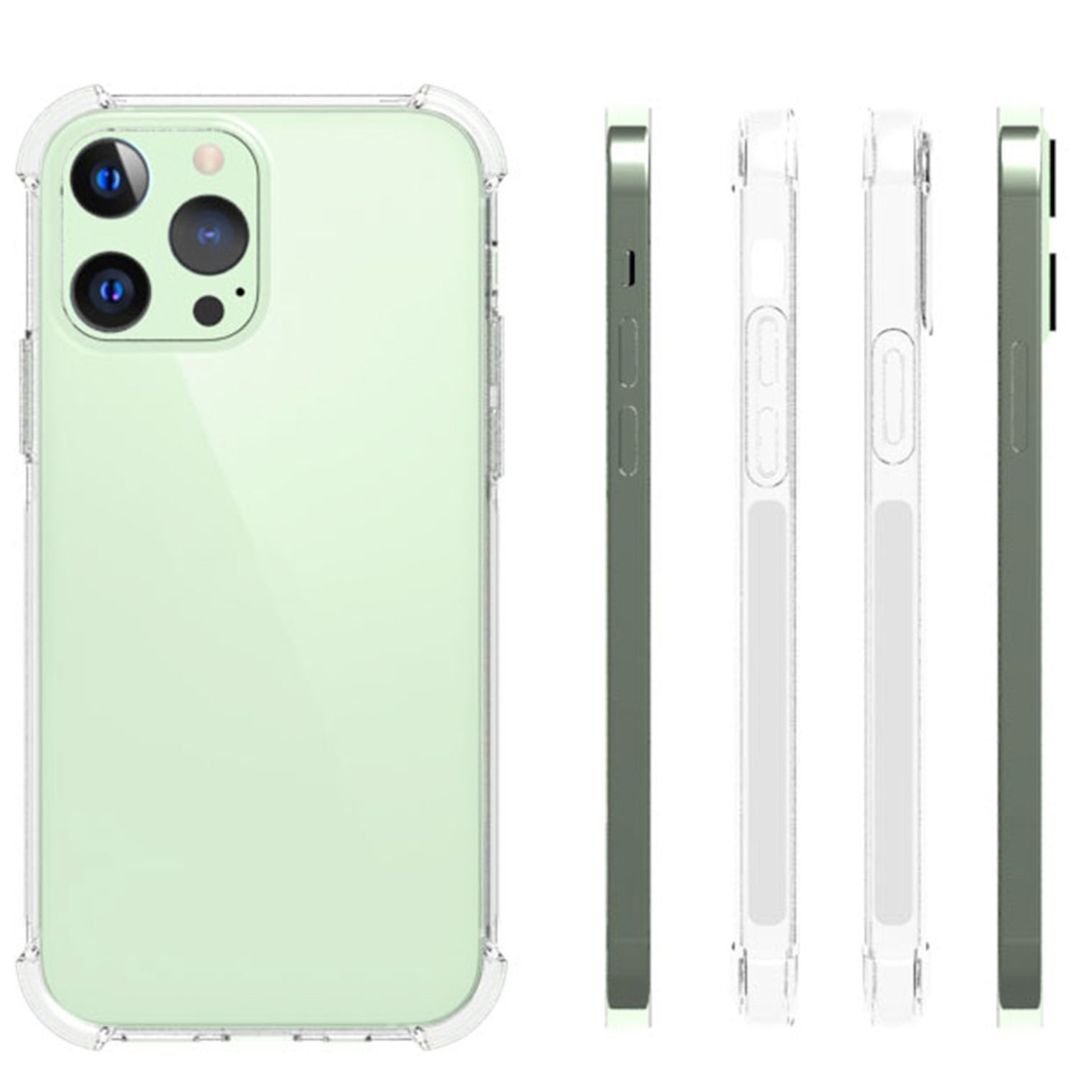 Groene telefoon met een doorzichtige bumpercase. Verschillende aanzichten van de telefoon en case.
