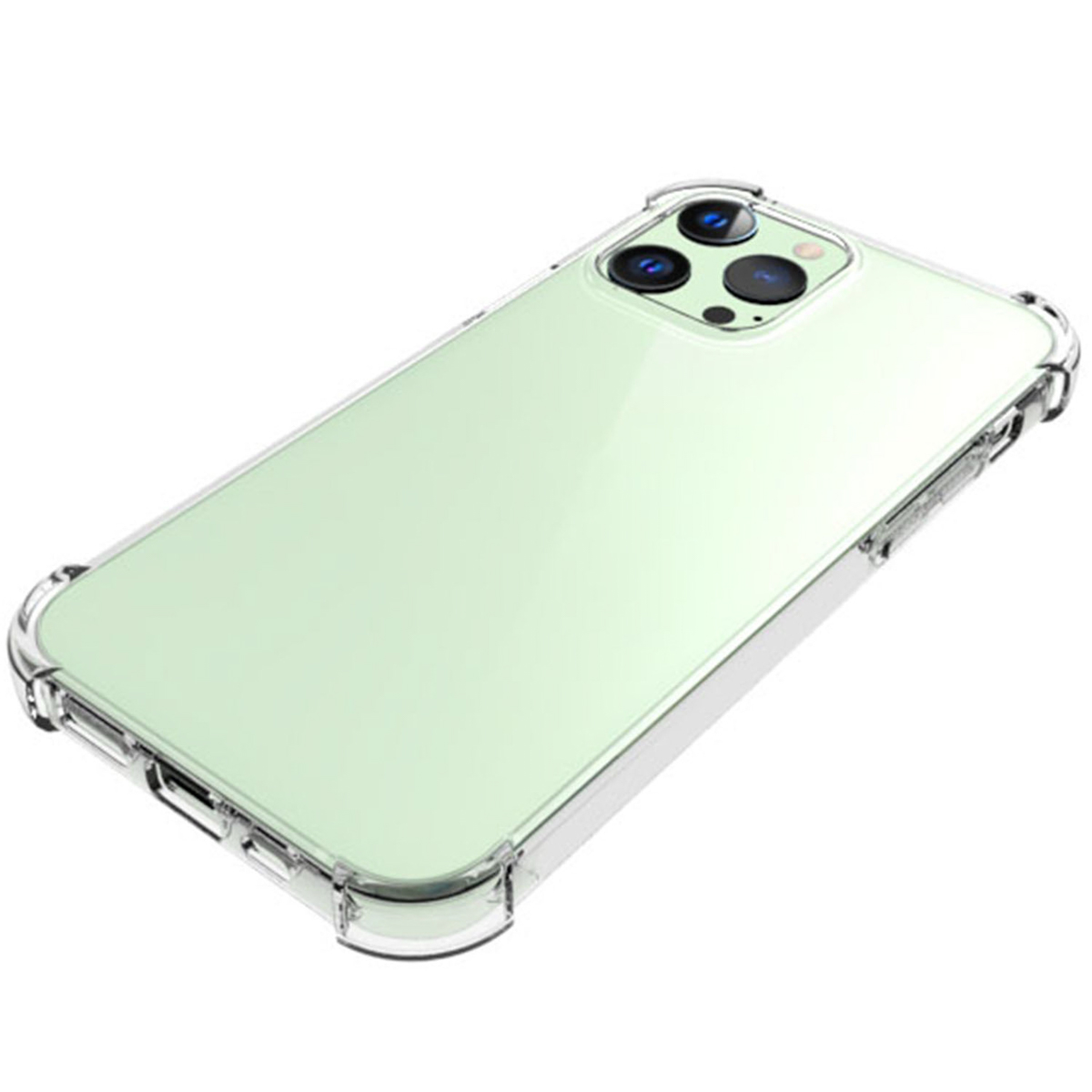 Transparante iPhone-hoes met beschermhoeken. De telefoon heeft een drievoudige camera.