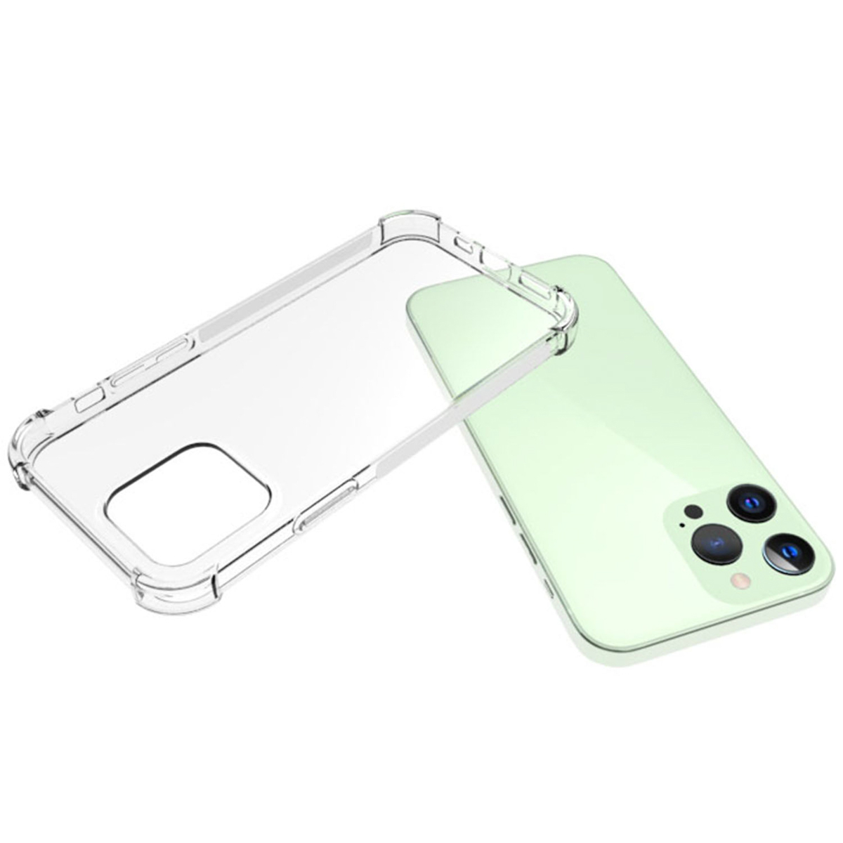 Een transparante telefoonhoes naast een groene telefoon. De hoes is helder, de telefoon heeft 3 lenzen.