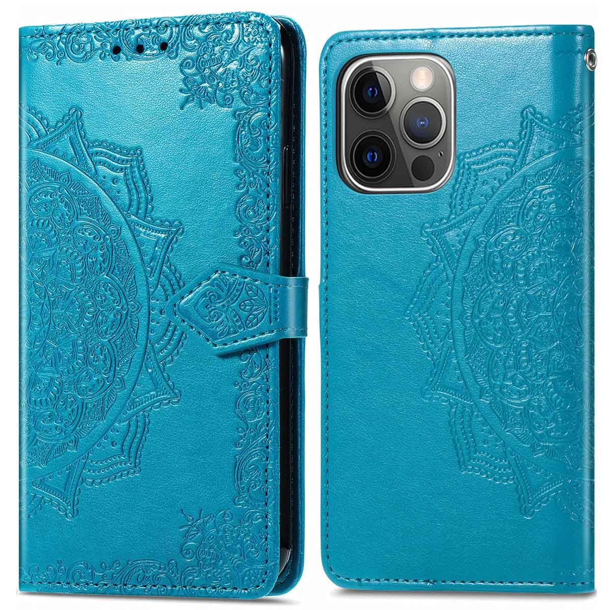Een turquoise telefoonhoes, open, met een gedetailleerd mandala-ontwerp in reliëf op de voor- en achterkant. Inclusief een sluiting.