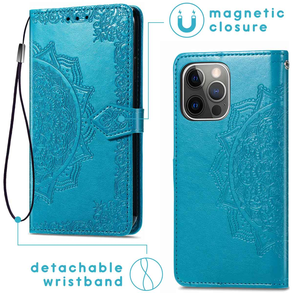 Een teal telefoonhoesje met een mandala-ontwerp, met een magnetische sluiting en een afneembare polsband.
