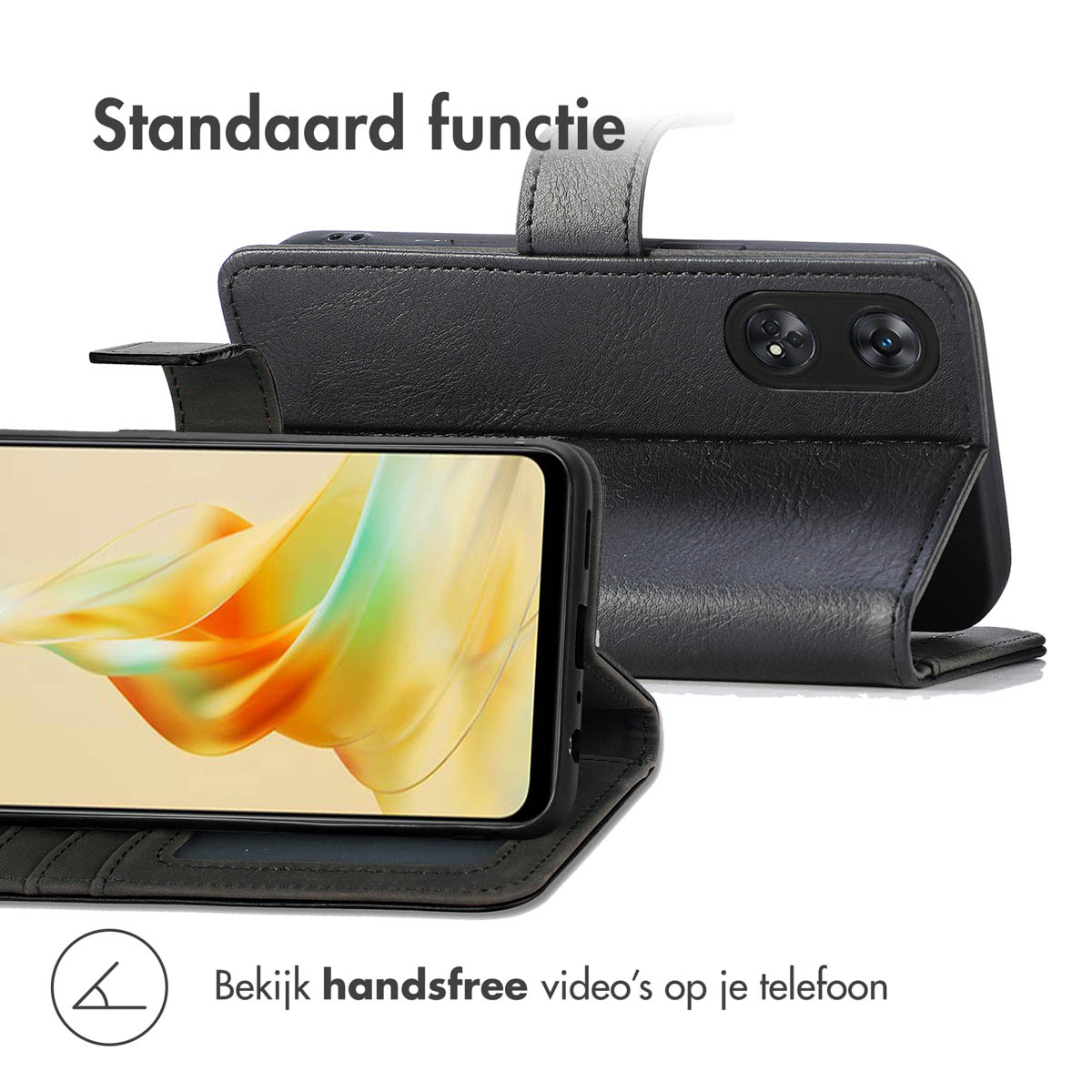 Zwarte telefoon met hoesje, kan worden opgevouwen voor handsfree kijken.