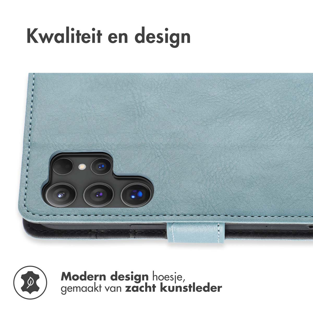Coque de téléphone bleue en similicuir avec lentilles et texte.