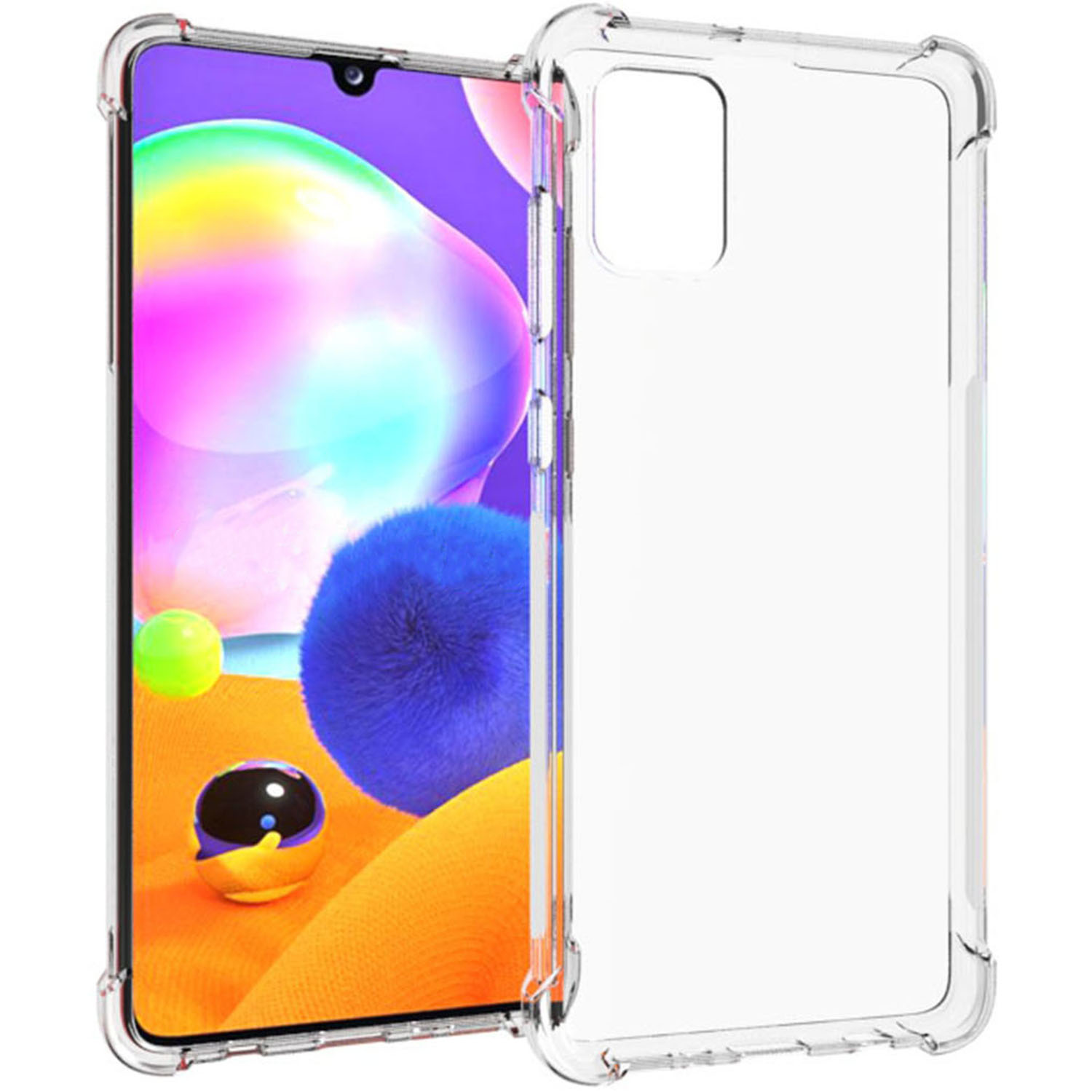 Une coque de téléphone transparente à côté d'un smartphone avec fond coloré.