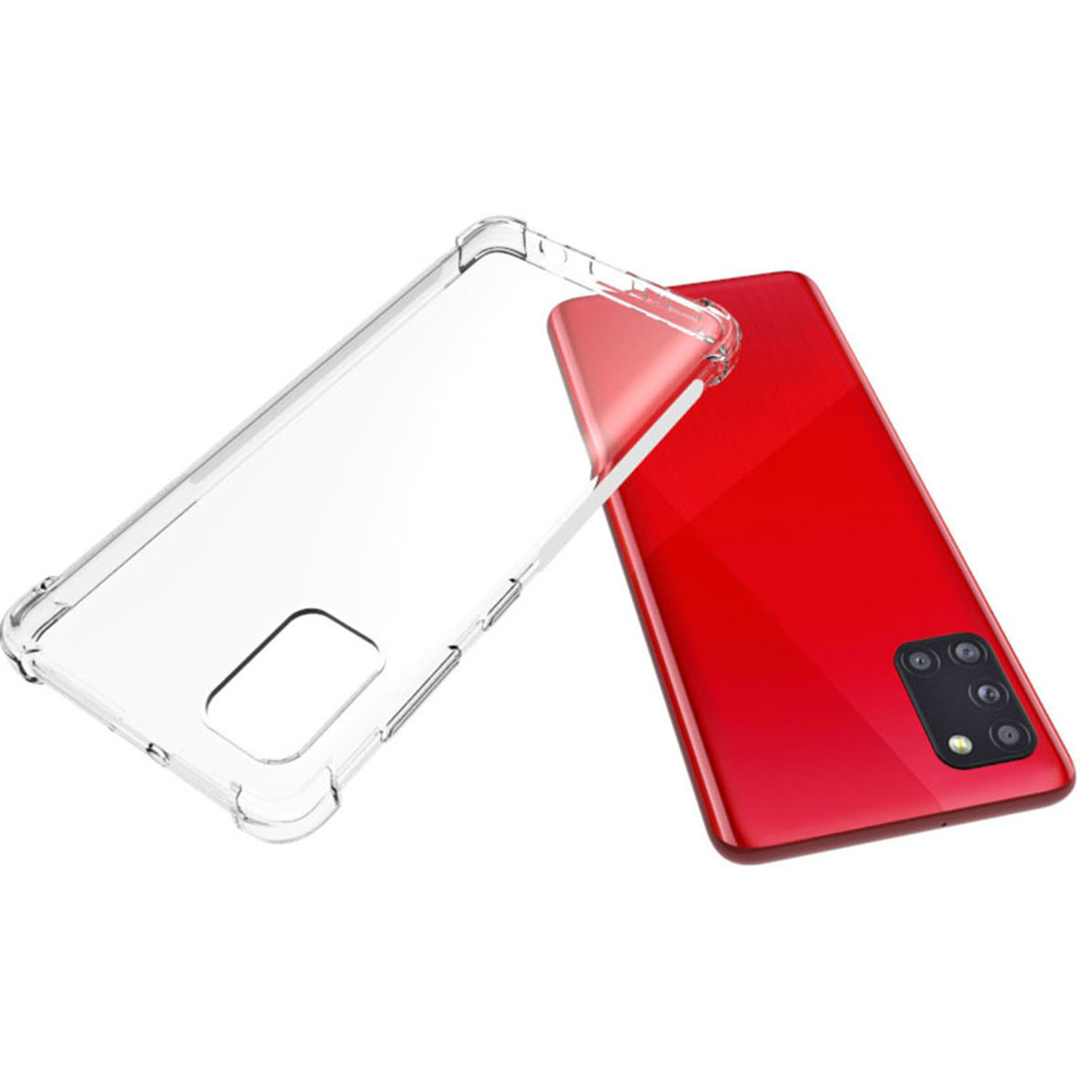 Un smartphone rouge est à côté d'une coque transparente.