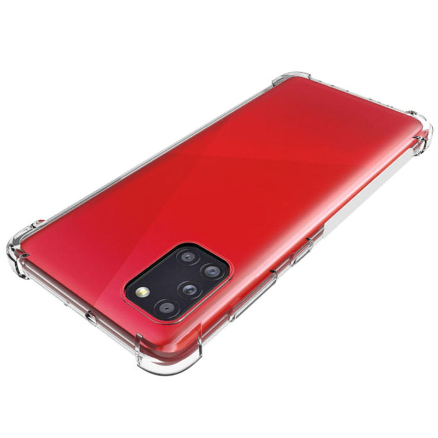 Smartphone rouge dans une coque transparente, appareil photo arrière visible.