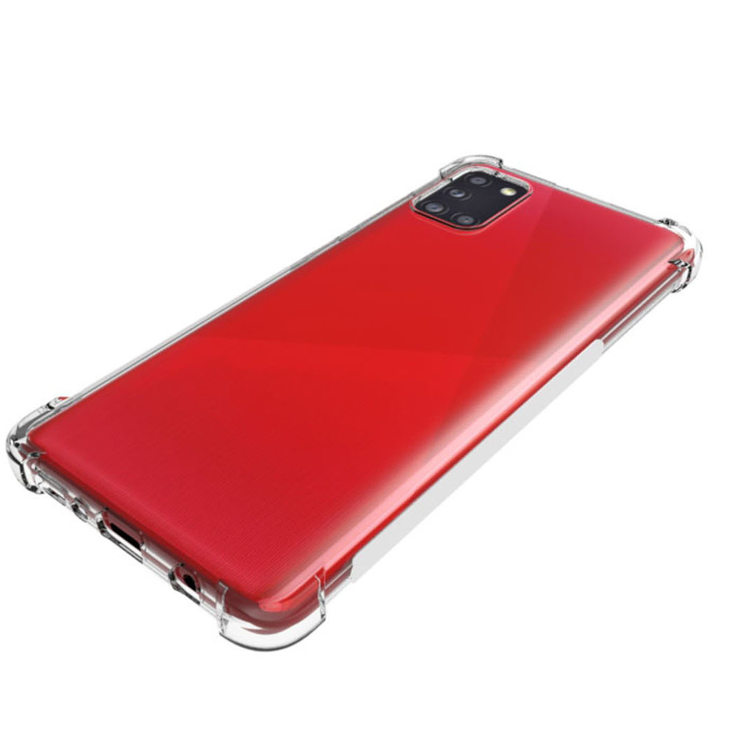 Smartphone rouge dans un étui transparent, avec quatre caméras au dos.