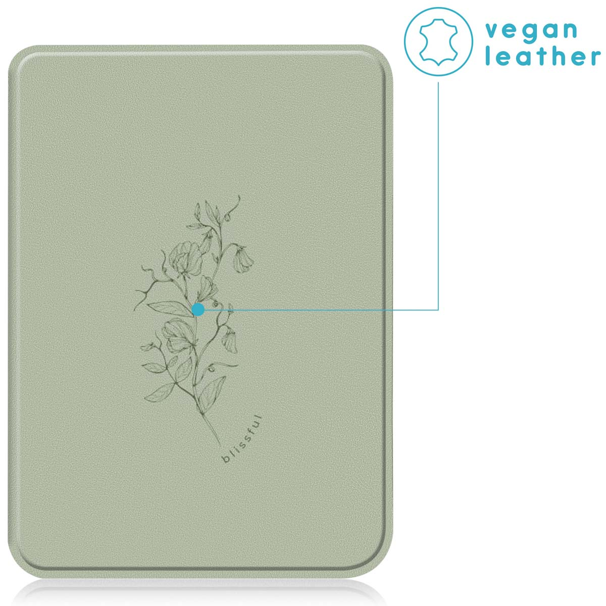 Groene vegan lederen hoes met bloemmotief en het woord 'blissful'.