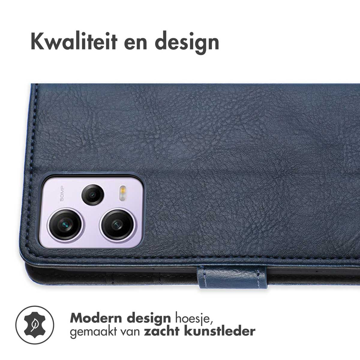 Blauwe telefoonhoes met smartphone. Tekst: modern design van zacht kunstleer.