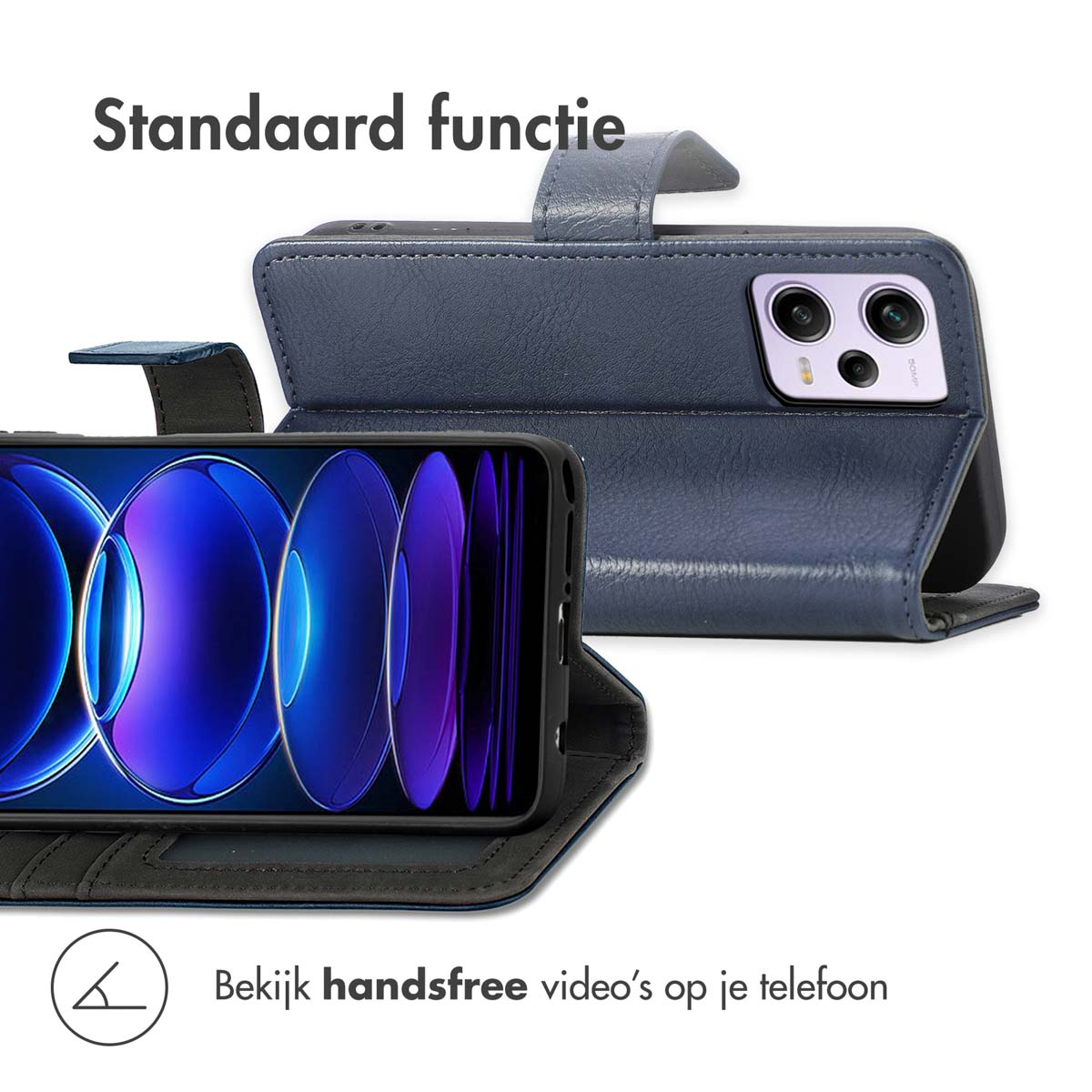 Blauwe telefoonhoes standaard met telefoon die video's toont.
