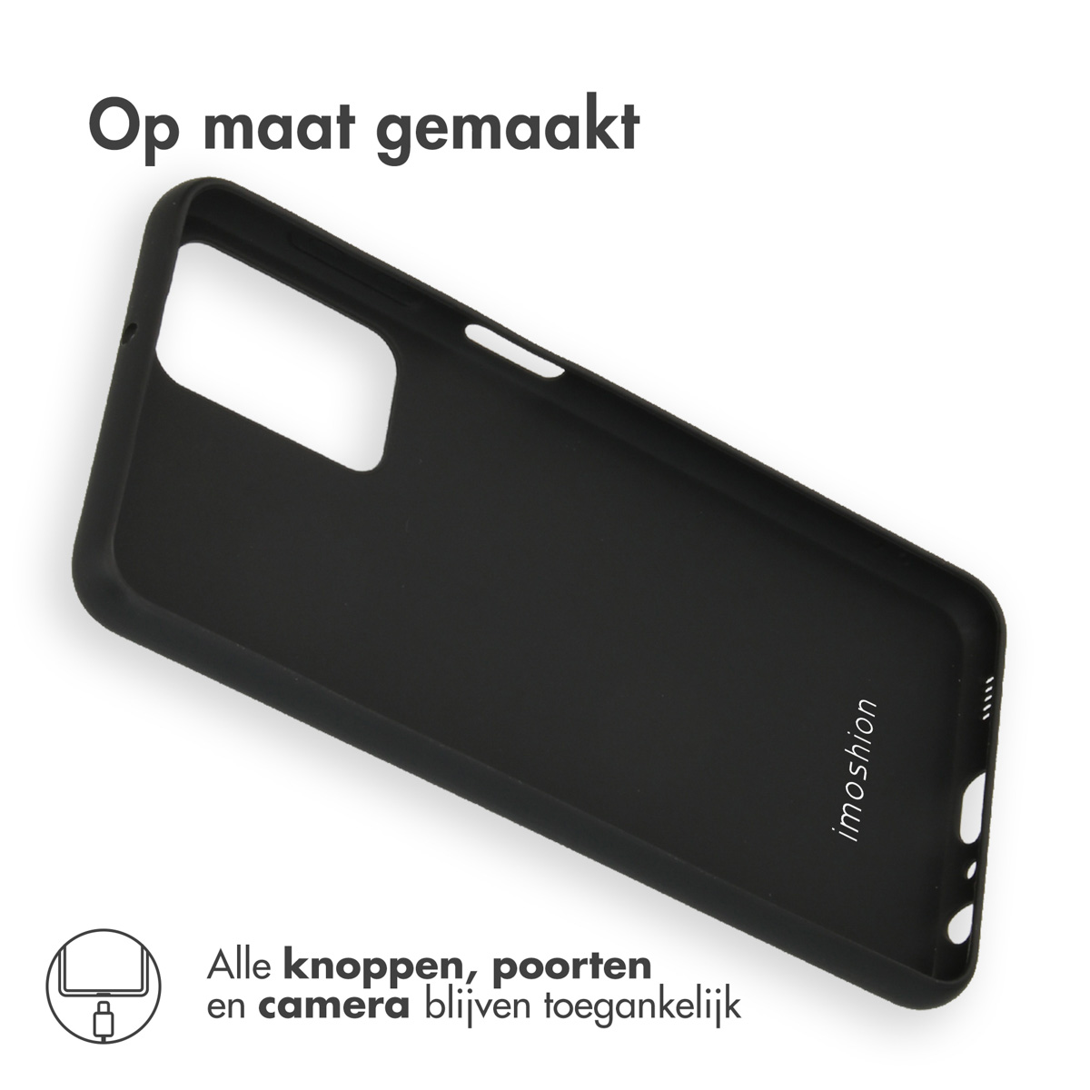 Zwarte telefoonhoes met uitsparingen voor camera en poorten.