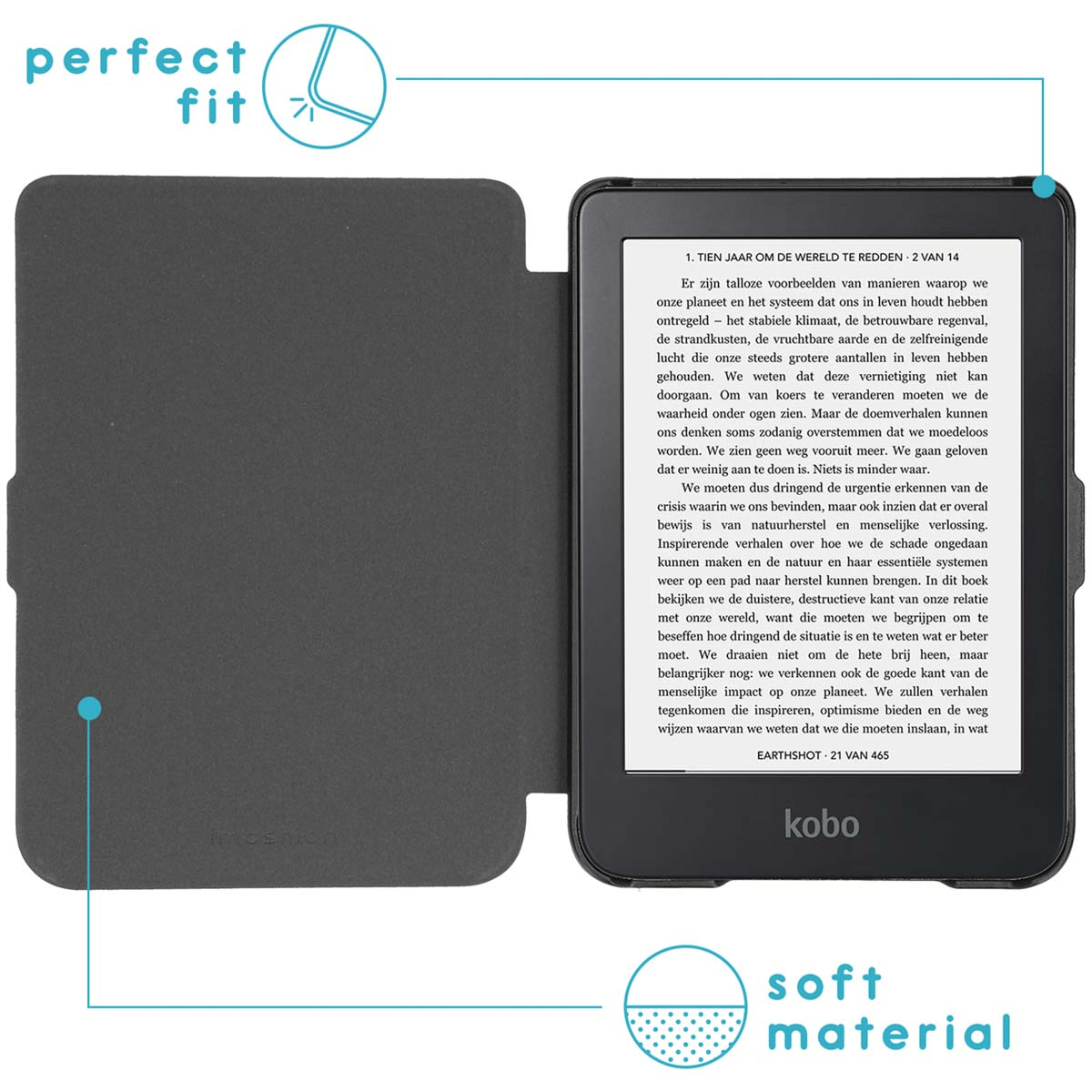 E-reader met tekst, open. Zwarte kaft links. Tekst: perfecte pasvorm en zacht materiaal.
