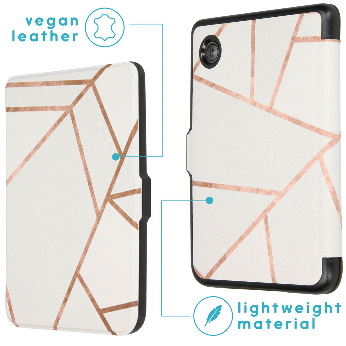 Coque blanche à motif géométrique or rose, cuir vegan, légère.
