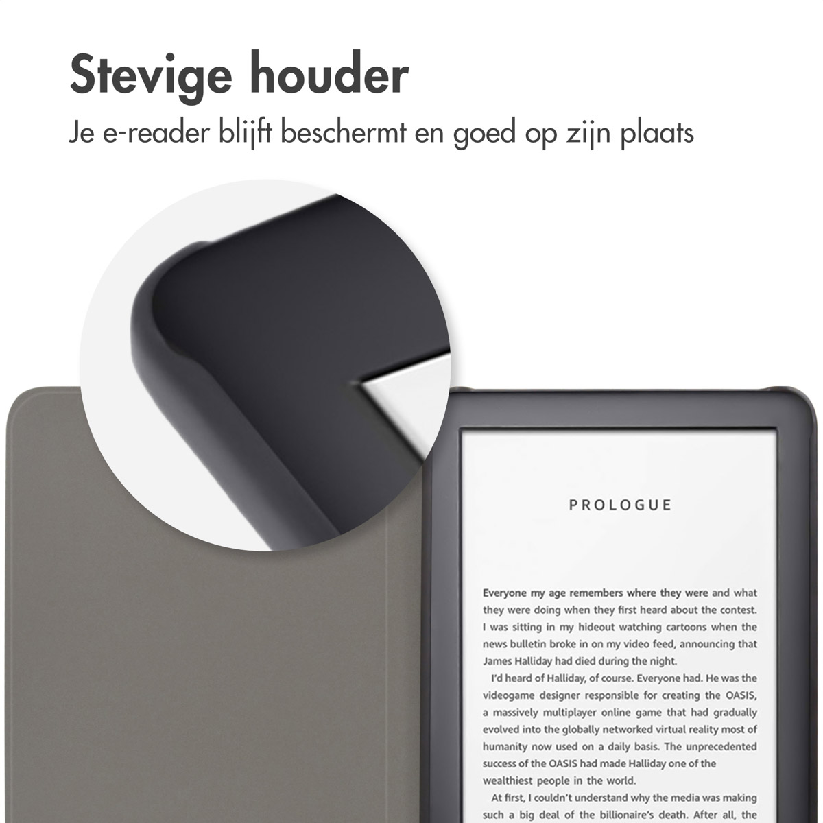 E-reader in een grijze hoes, tekst tonend. Focus op de hoek met de hoes.