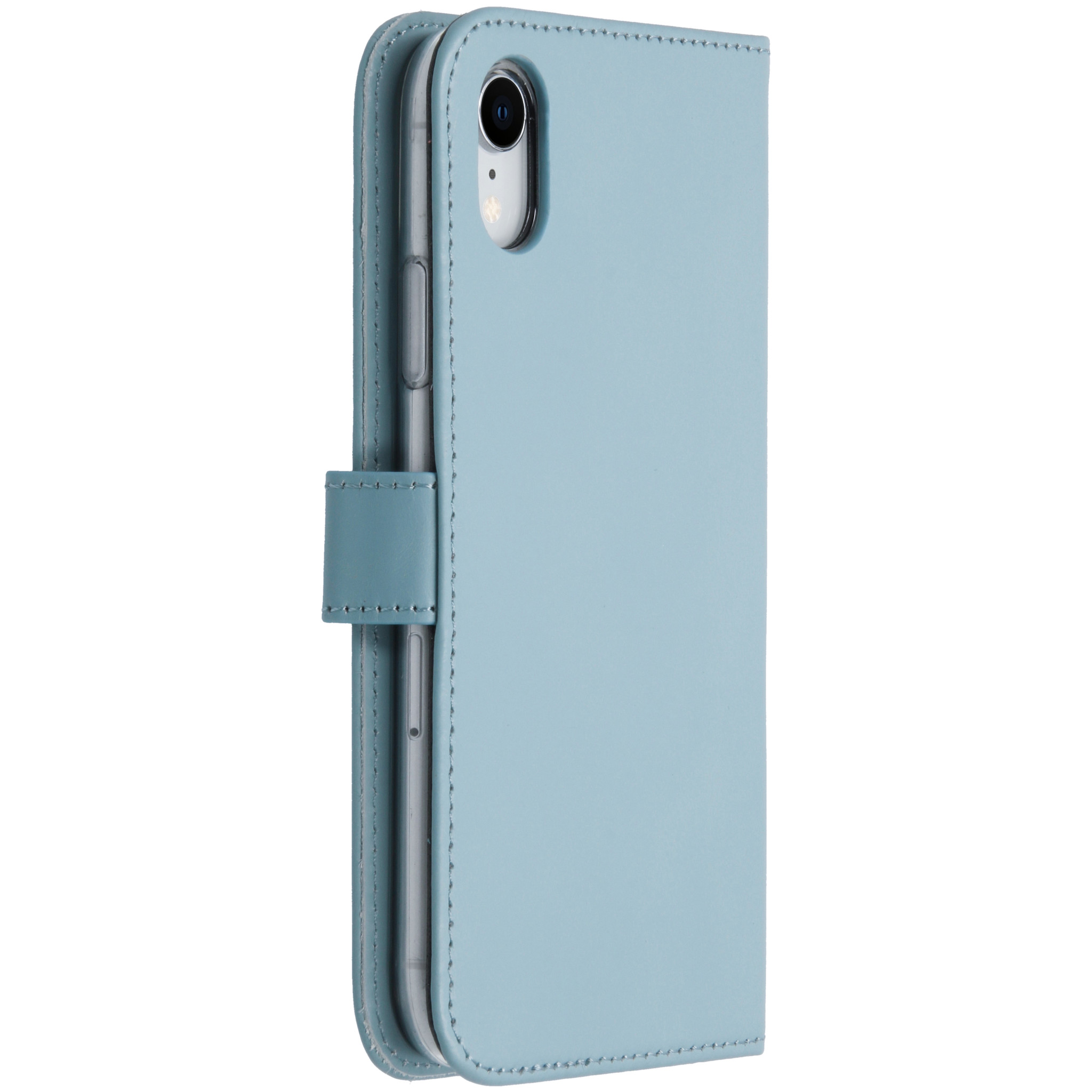Étui de téléphone en cuir bleu clair style livre sur fond blanc.