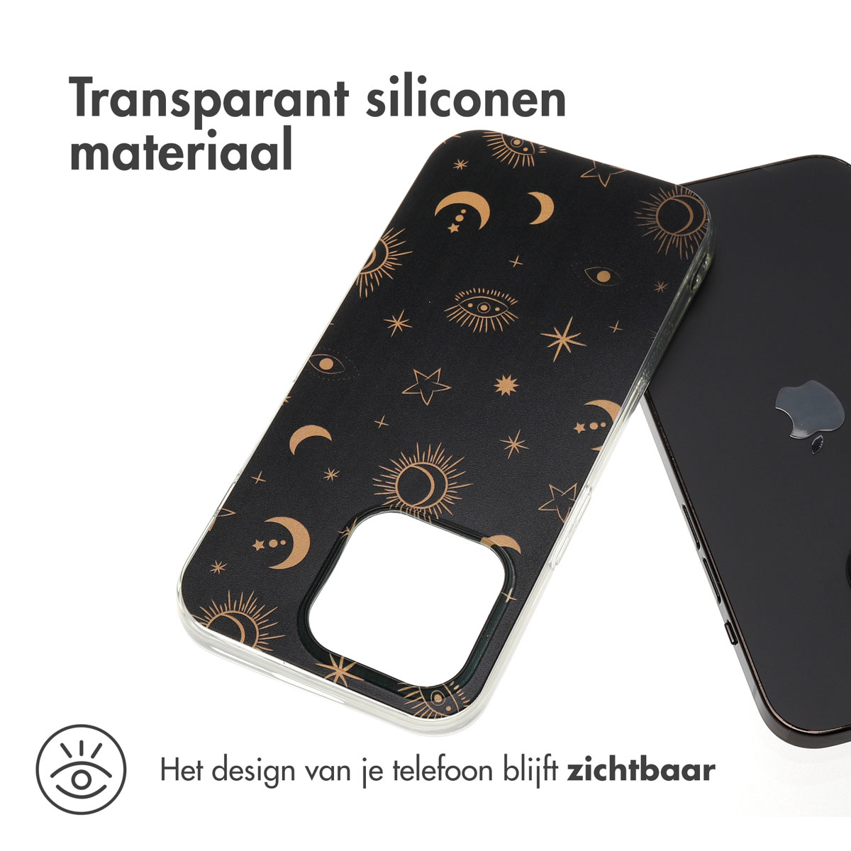 Een zwarte telefoonhoes met sterren en manen. Er zit een telefoon in.