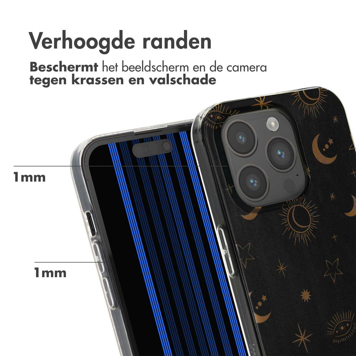 Telefoonhoesje met een zwart sterrenontwerp, met verhoogde randen, bescherming voor camera en scherm.