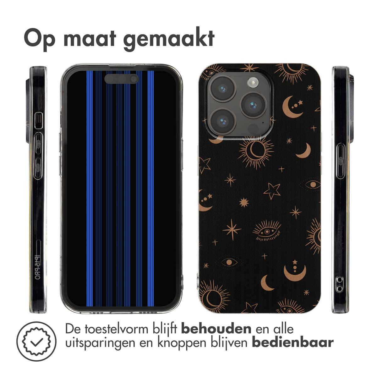 Telefoonhoes met donkere achtergrond, gouden design en een telefoon met een streepjesdesign.
