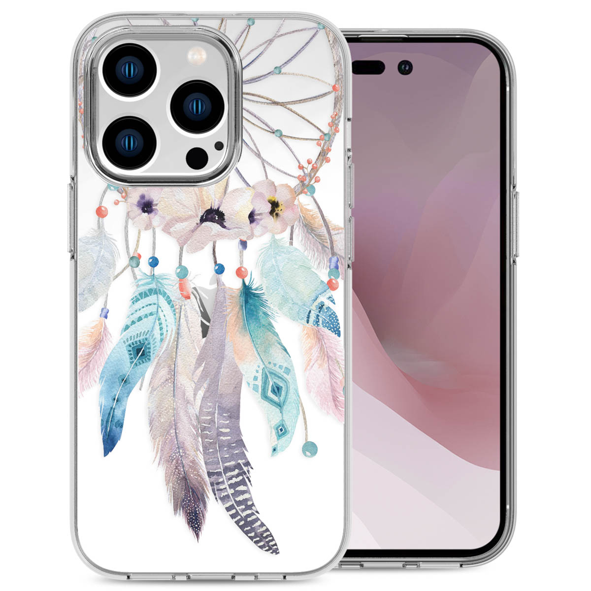 Custodia trasparente con design acchiappasogni. Piume e fiori visibili sulla custodia.