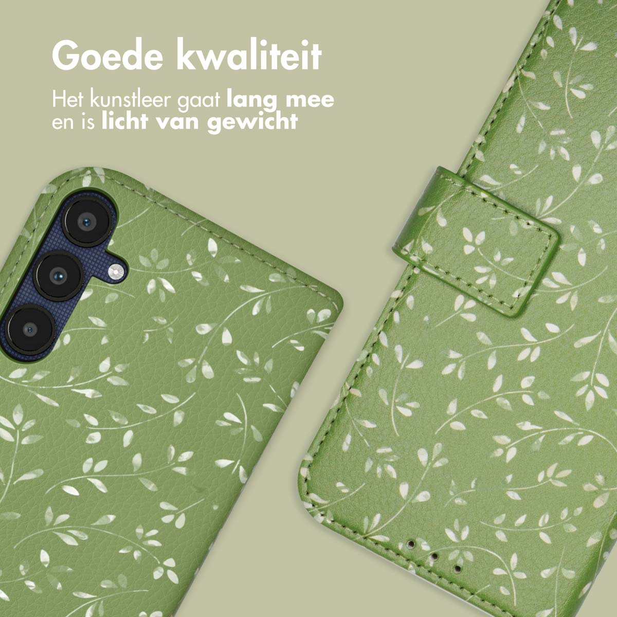 Groene telefoonhoes met bladerpatroon en tekst.