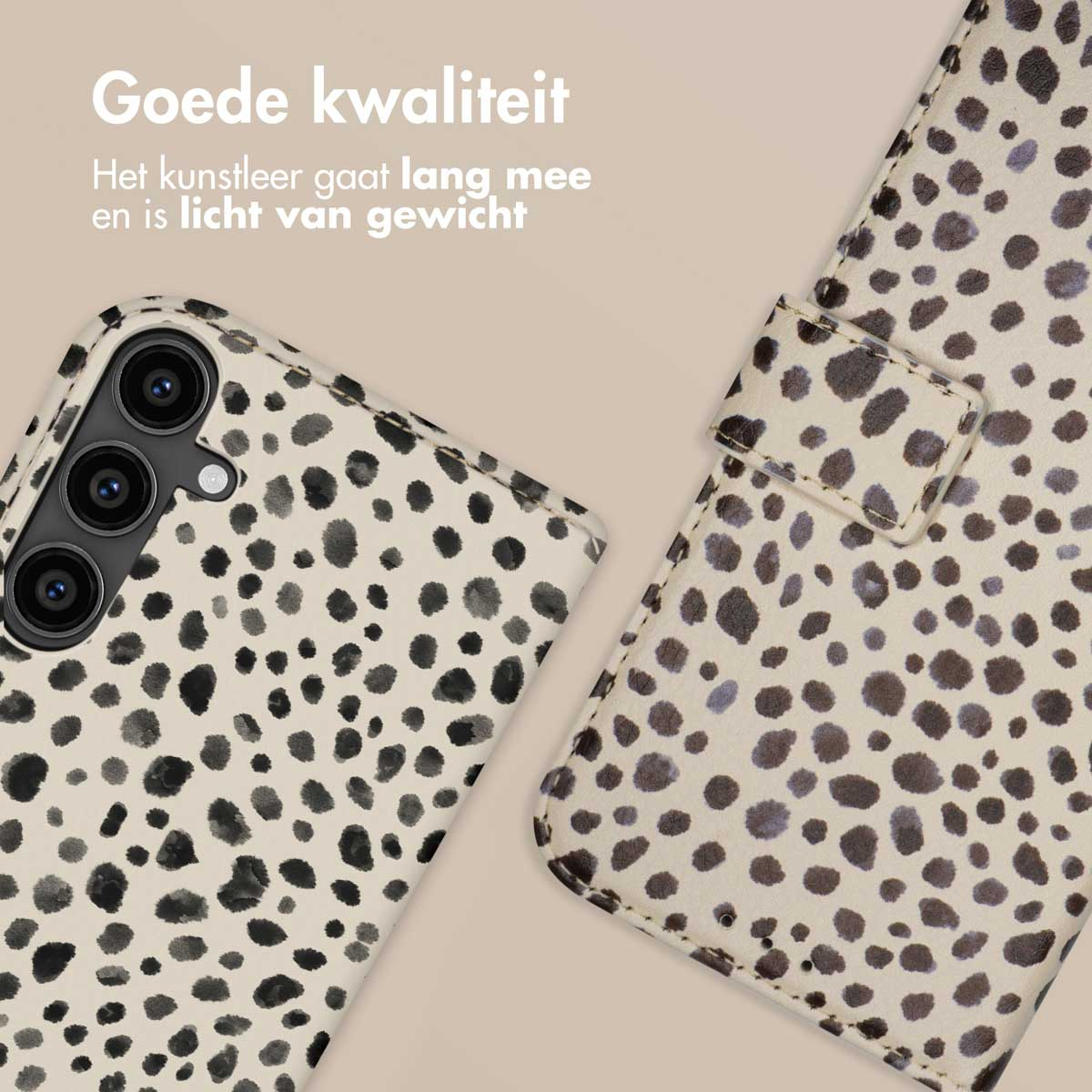 Een telefoonhoesje met luipaardprint en een boekenkaft met vlekkenpatroon.