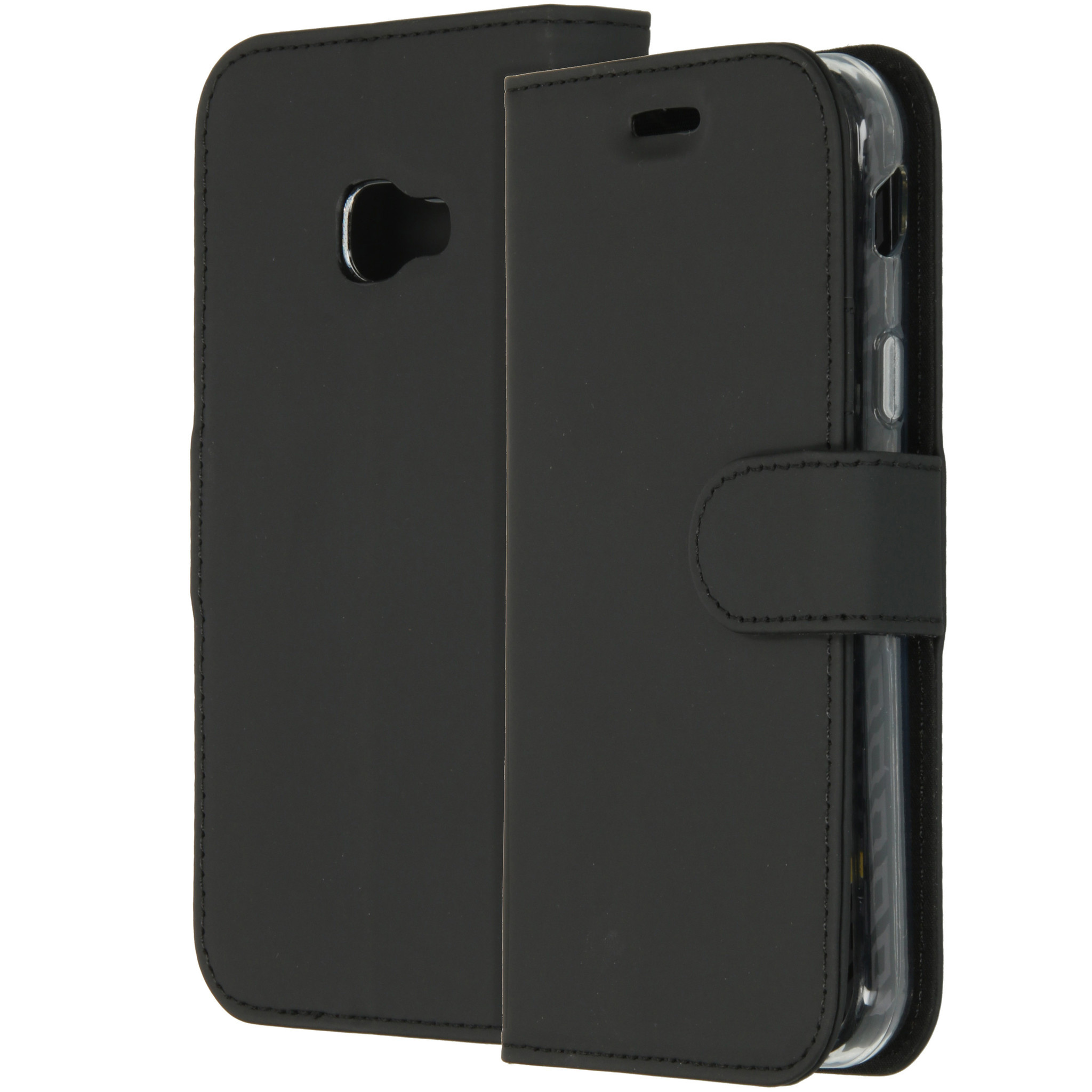 Custodia nera a flip per telefono con chiusura magnetica e ritaglio posteriore.