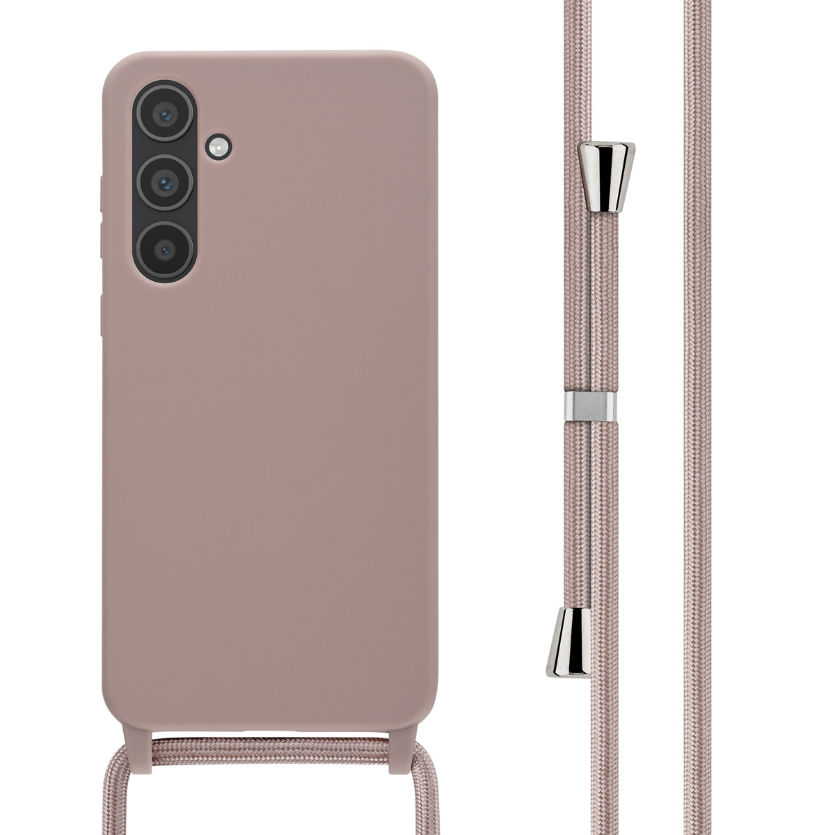 Een mauve telefoonhoesje met een bevestigde riem, het hangt aan de telefoon en is roze.