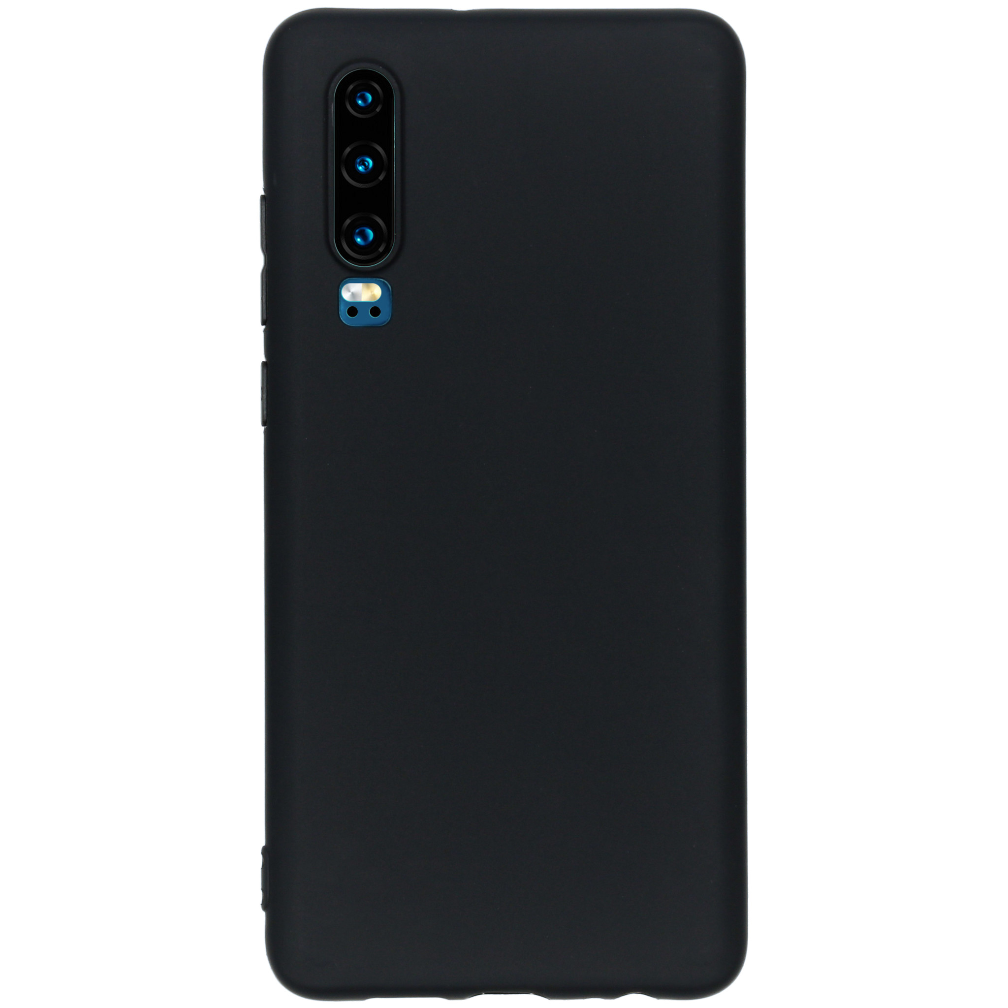 Custodia nera per smartphone con tripla fotocamera e flash sul retro.