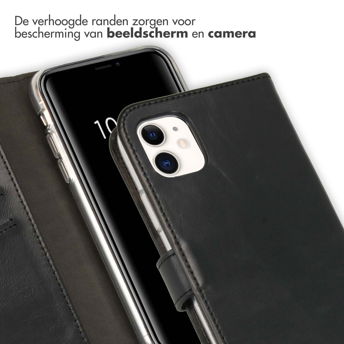 Coque de téléphone noire avec protection d'écran. Téléphone à l'intérieur, écran visible.