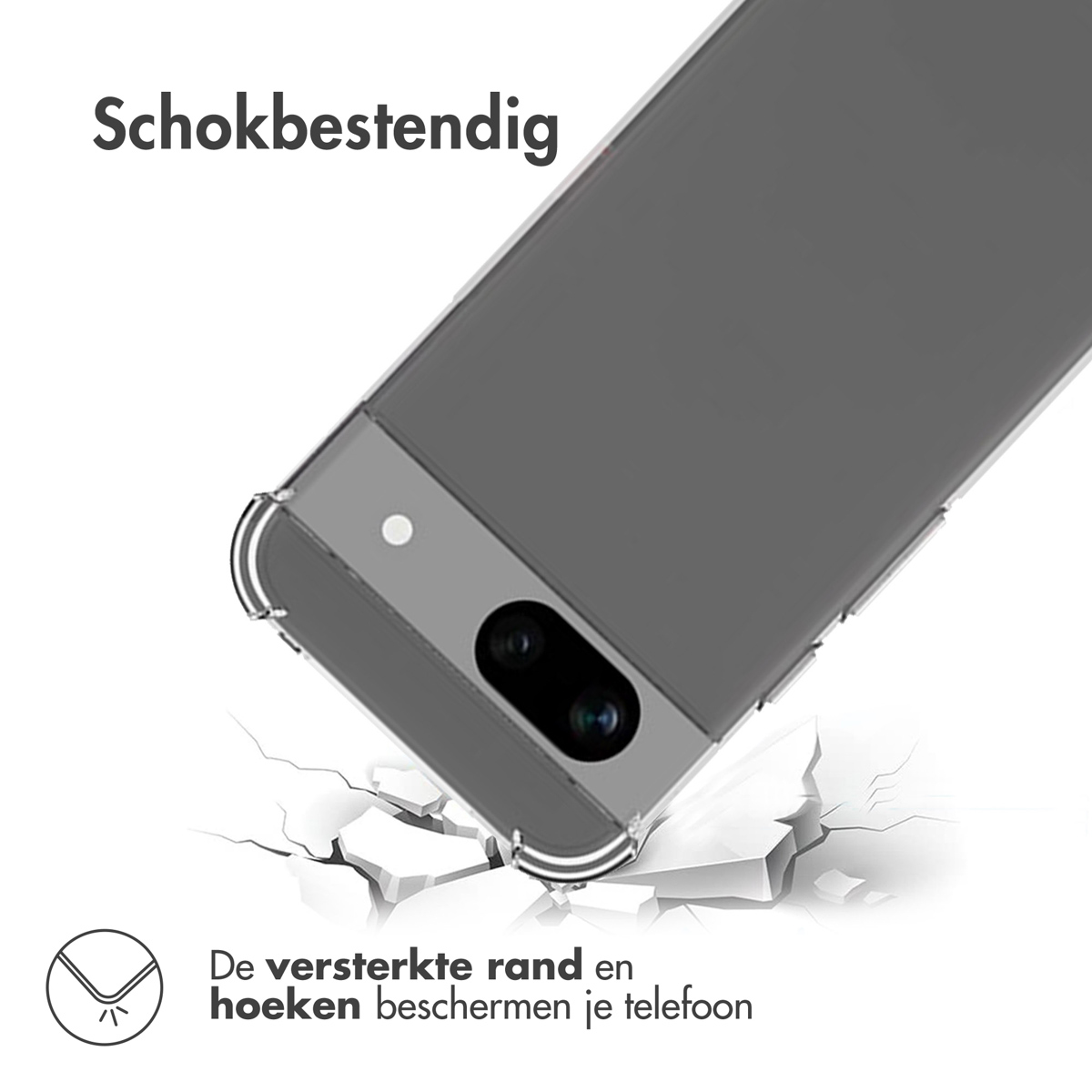 Telefoon in een doorzichtige hoes, gebarsten oppervlak eronder, schokbestendig.