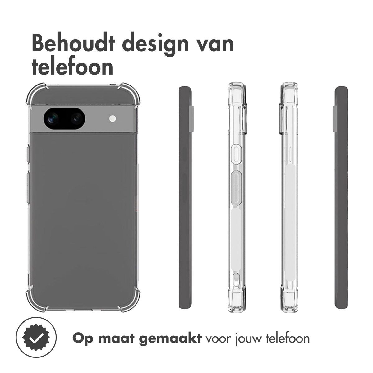 Telefoonhoes in verschillende weergaven. Tekst: Behoudt het telefoonontwerp. Op maat gemaakt voor uw telefoon.