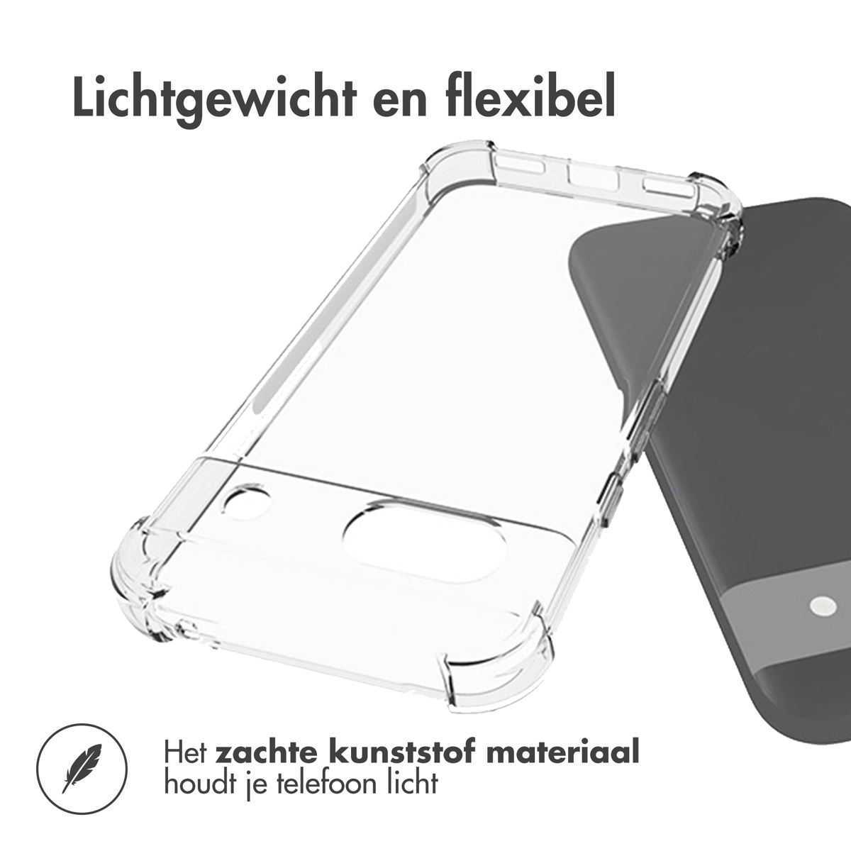Transparante telefoonhoes naast een telefoon. De hoes is lichtgewicht en flexibel.