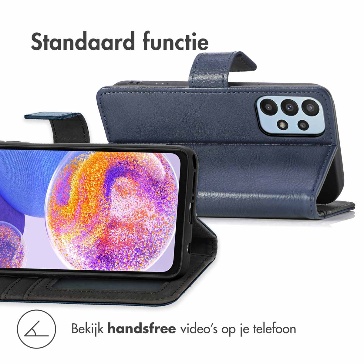 Donkerblauw telefoonhoesje in standaardmodus, toont scherm en camera.