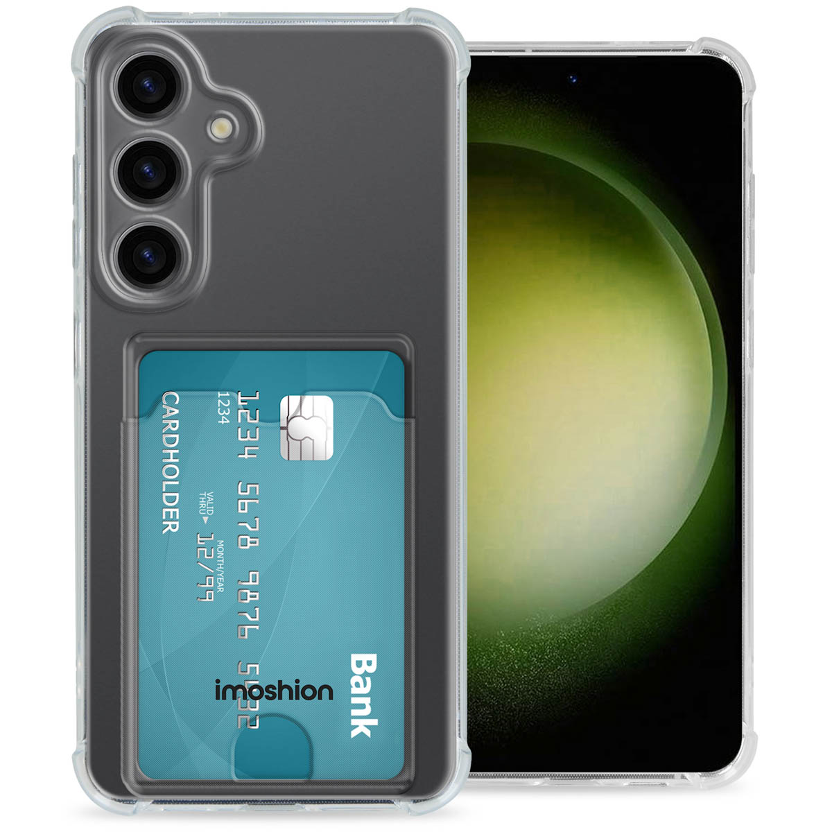 Een telefoonhoesje met een kaarthouder, een creditcard is zichtbaar.