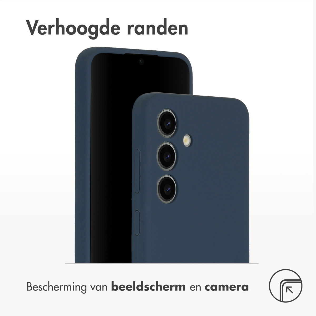 Un telefono blu con tre fotocamere e bordi rialzati.