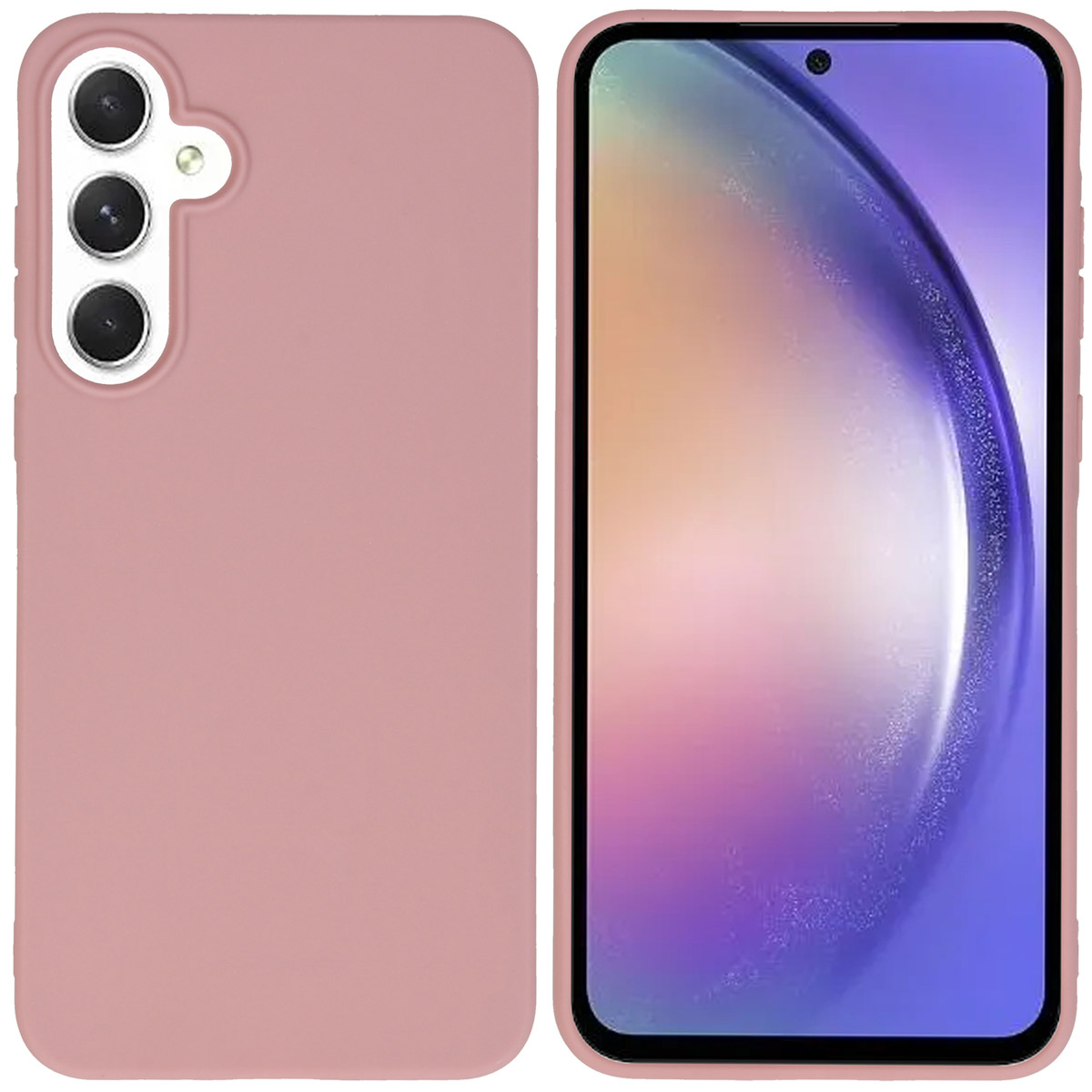 Roze telefoonhoesje aan de linkerkant en een telefoon met een roze scherm aan de rechterkant.