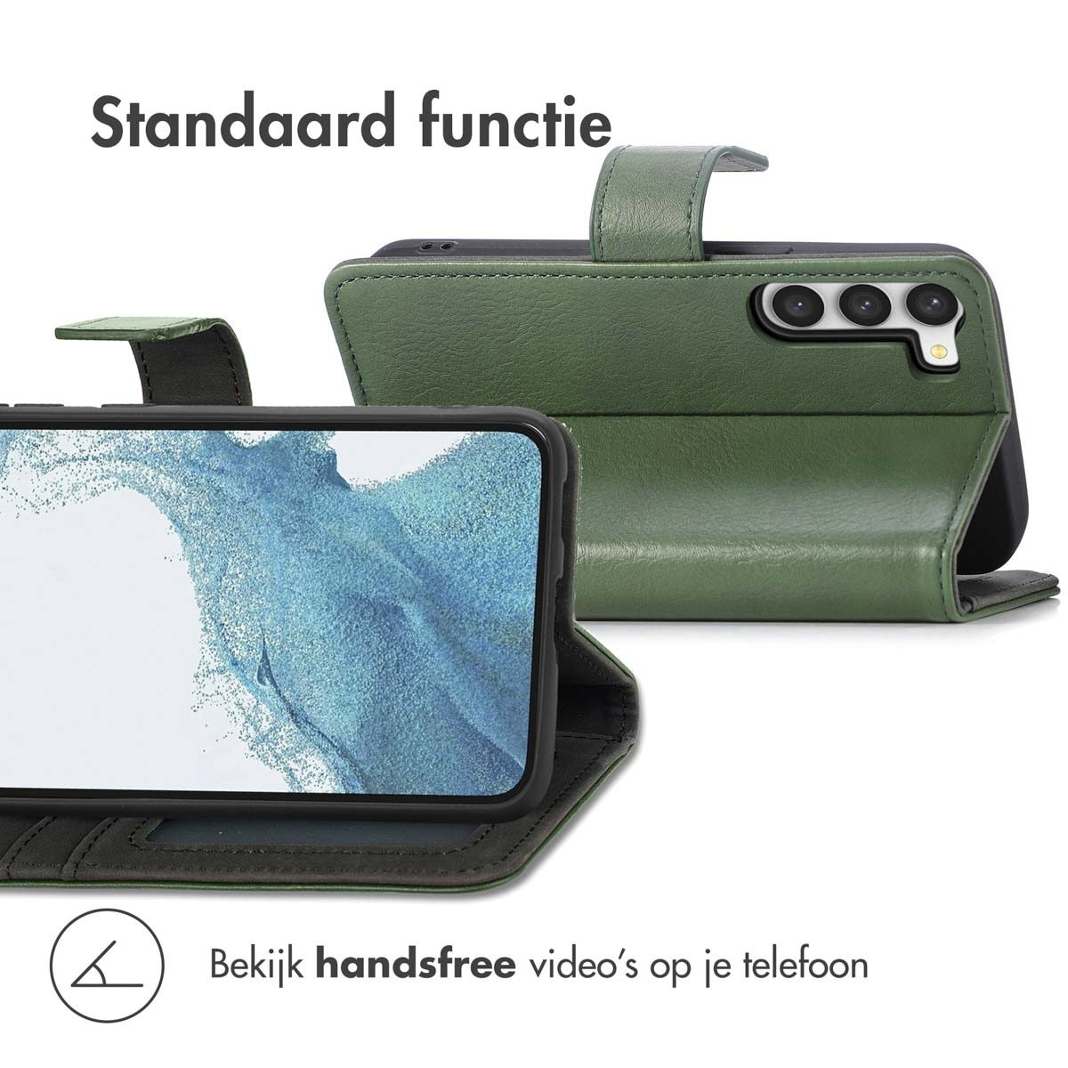 Groene telefoonhoes in standaardfunctie met smartphone-display en cameramodule.