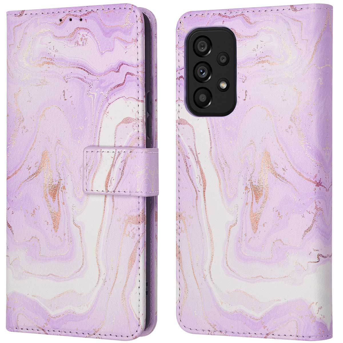 Paarse marmeren telefoonhoes met roségouden aders, open en dicht.