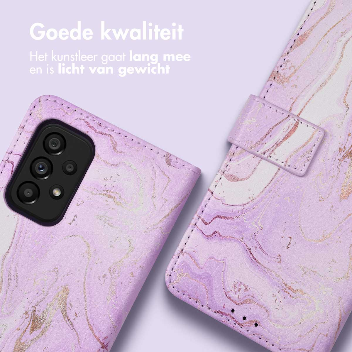 Paarse marmeren telefoonhoes met camerablok en gesp.