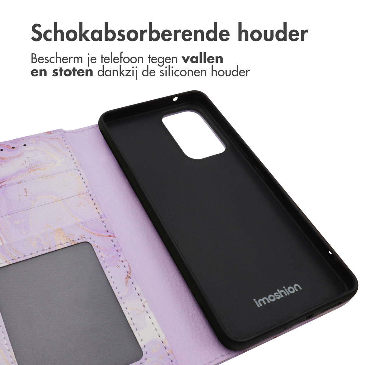 Paarse marmeren telefoonhoes met zwarte houder en kijkvenster.