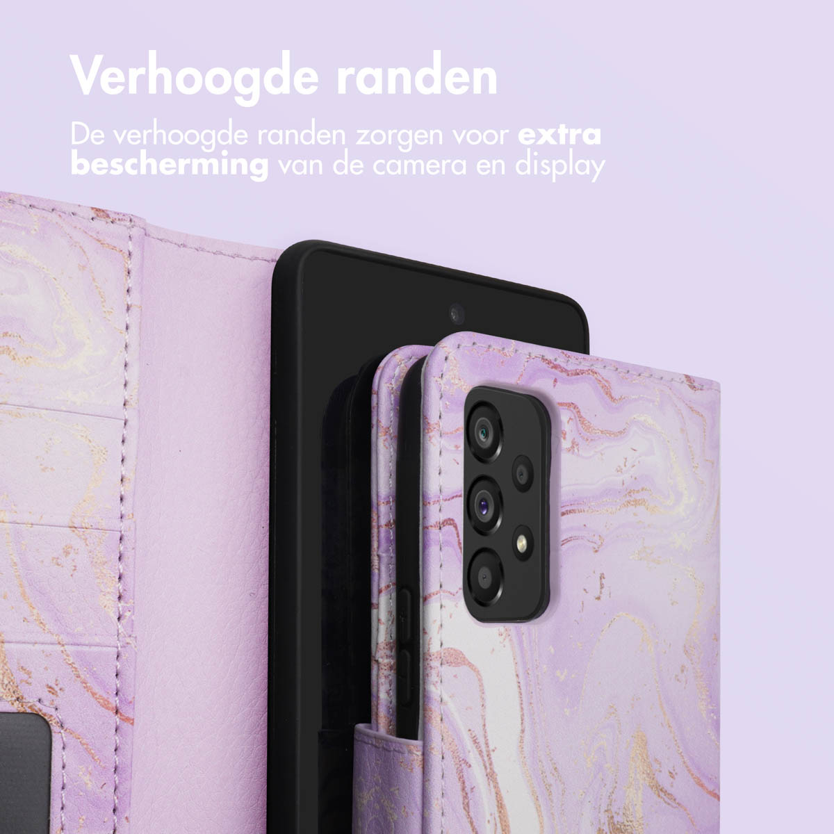 Paarse marmeren telefoonhoes met verhoogde randen voor camera- en displaybescherming.