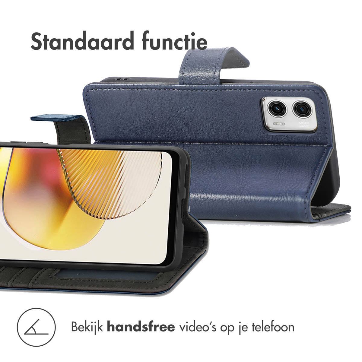 Coque de téléphone bleue avec fonction de support. Le téléphone est dans la coque, affichant son écran.